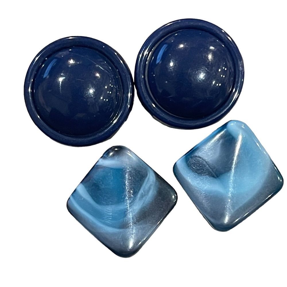 Lot Of 2 Vintage Clip On Earrings Dark Navy Blue Domed Circle & Square Swirl